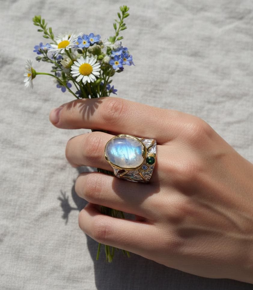 925 Sterling Silver Rainbow Moonstone Wide Band Ring