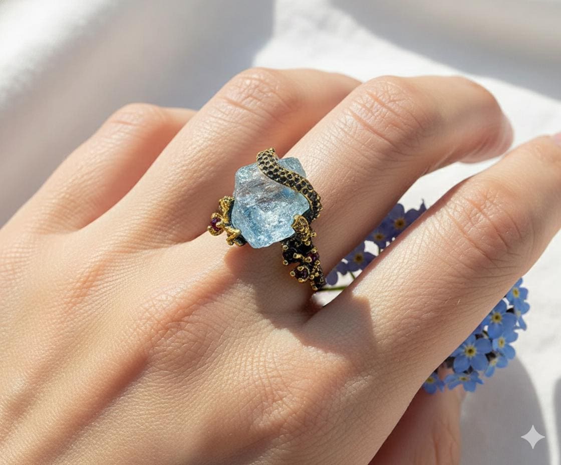 925 sterling silver aquamarine octopus ring