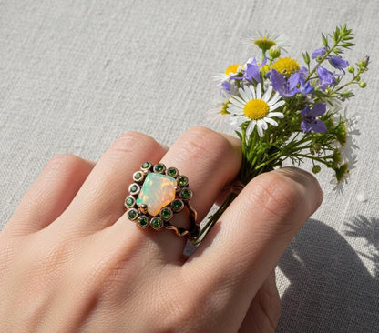 925 Sterling Silver Raw Opal Halo Ring