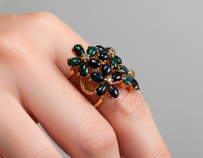 925 Sterling Silver Black Opal Floral Ring