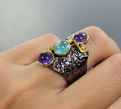 925 Sterling Silver Tanzanite Apatite Wide Ring