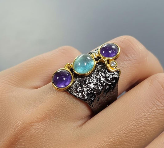 925 Sterling Silver Tanzanite Apatite Wide Ring