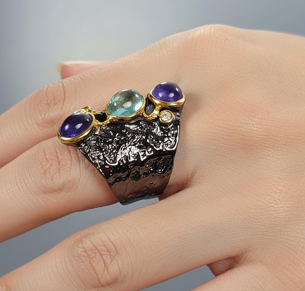 925 Sterling Silver Tanzanite Apatite Wide Ring