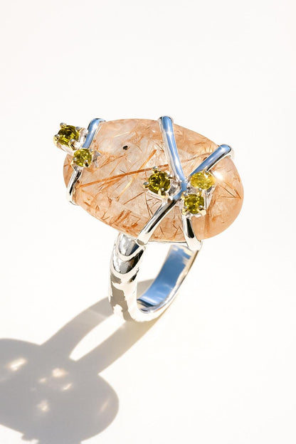 925 Sterling Silver Angel Hair Quartz Statement Ring