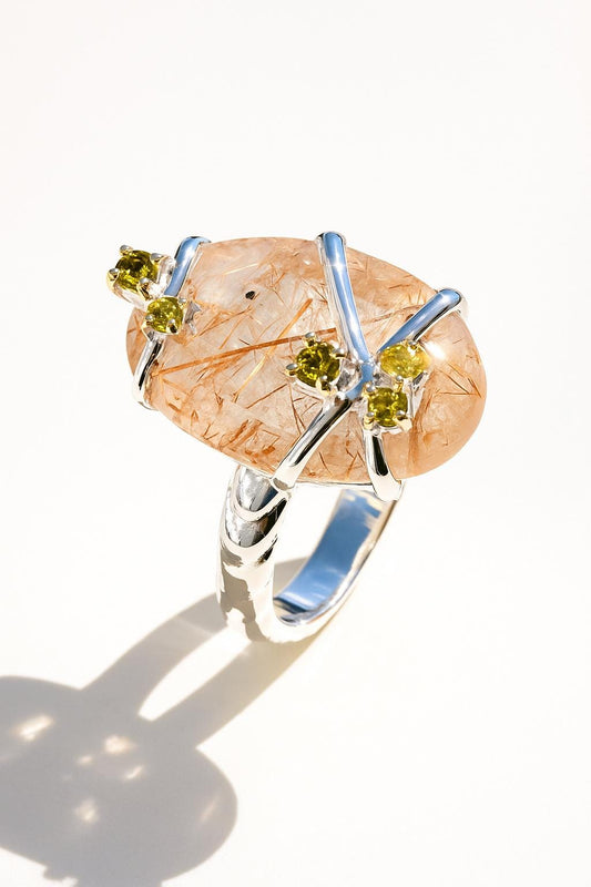 925 Sterling Silver Angel Hair Quartz Statement Ring