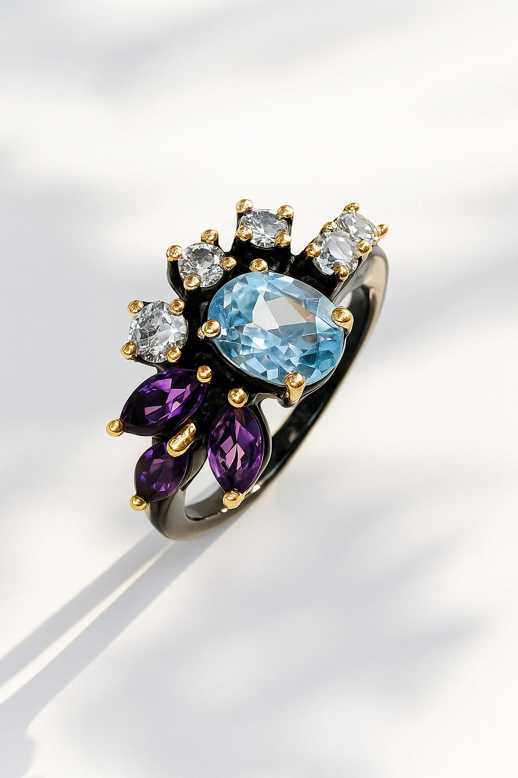 925 Sterling Silver Blue Topaz Cluster Ring