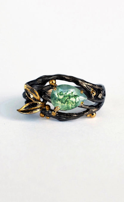 925 Sterling Silver Moss Agate Pear Ring