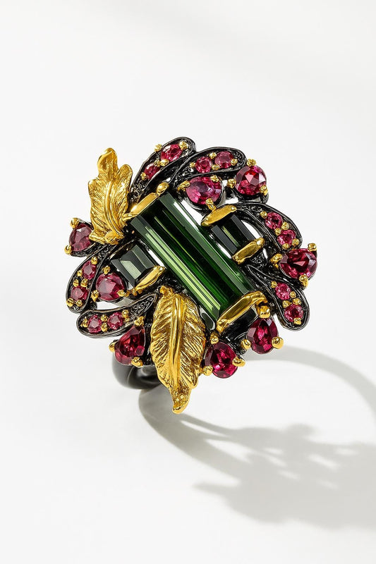 925 Sterling Silver Bar Tourmaline Leaf Ring