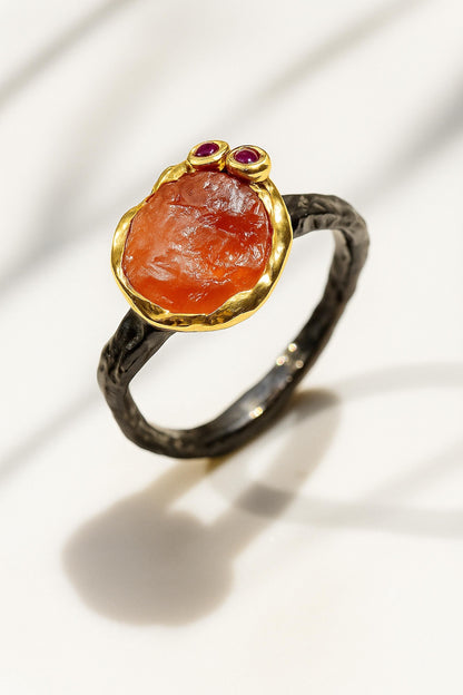 925 Sterling Silver Raw Garnet Organic Ring