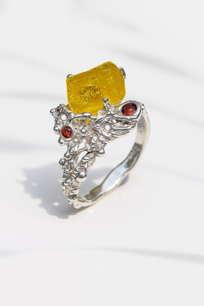 925 Sterling Silver Raw Yellow Stone Ring