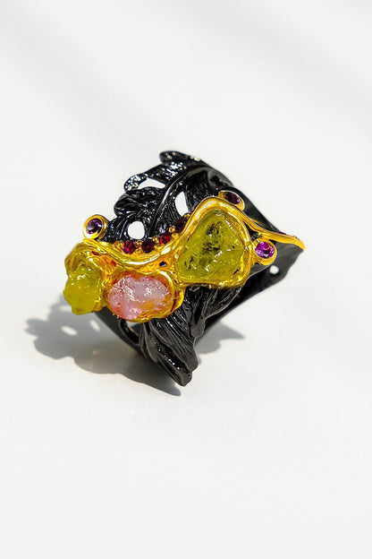 925 Sterling Silver Raw Green Sapphire Wide Ring