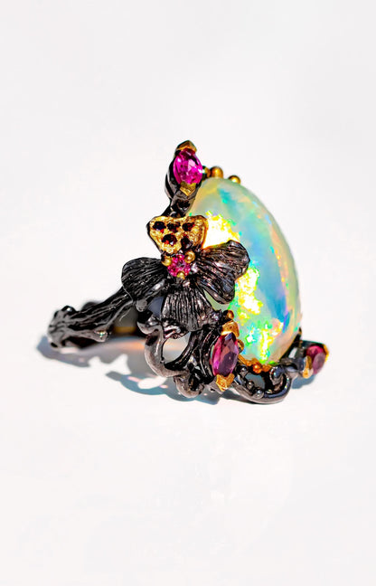 925 Sterling Silver Fire Opal Floral Ring