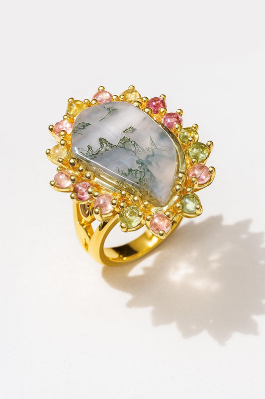 925 Sterling Silver Moss Agate Statement Ring