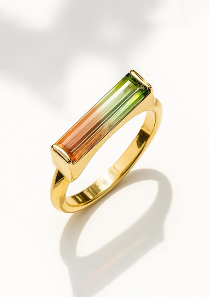 14K Solid Gold Long Bar Bi-Color Tourmaline Ring
