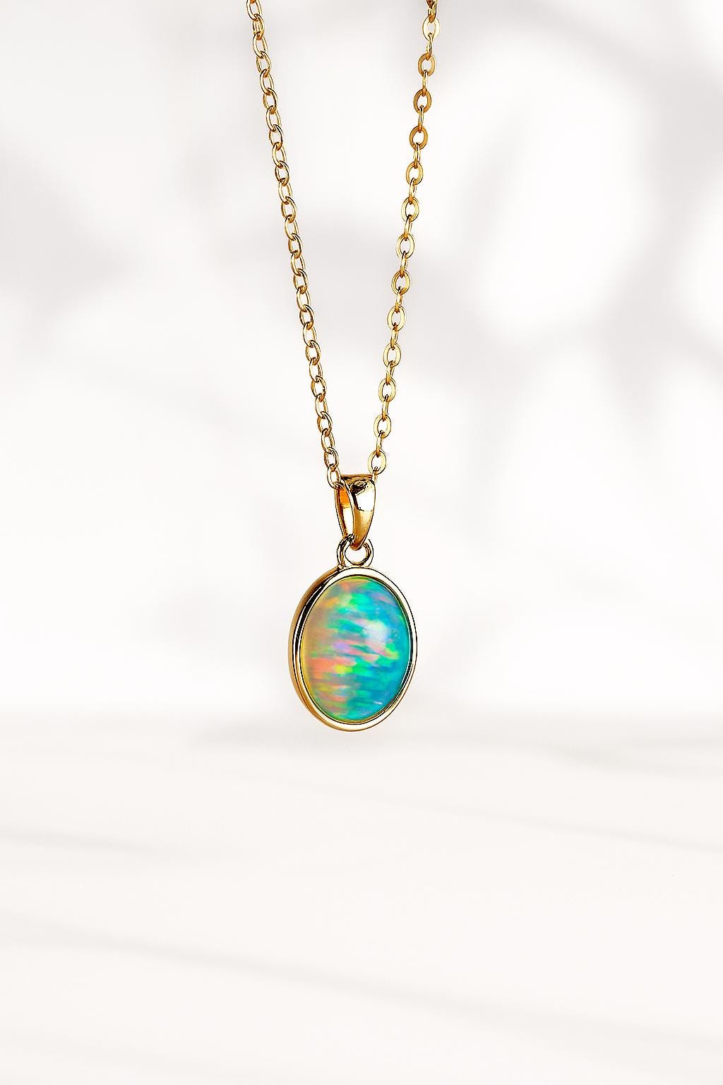 14K solid gold tiny oval opal necklace