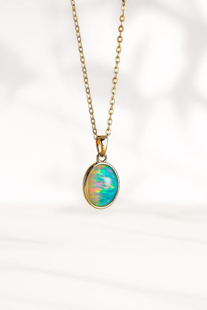 14K solid gold tiny oval opal necklace