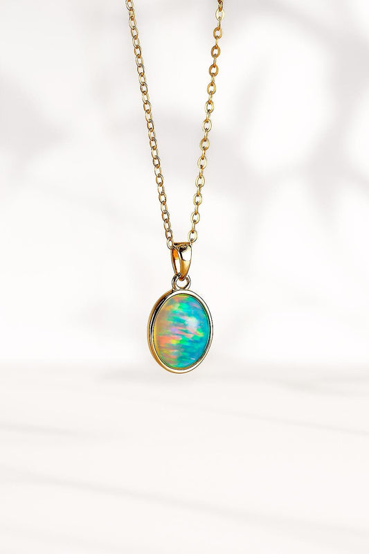 14K solid gold tiny oval opal necklace