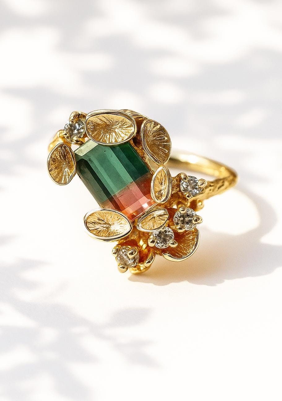 14K Solid Gold Bi-Color Tourmaline Mushroom Ring