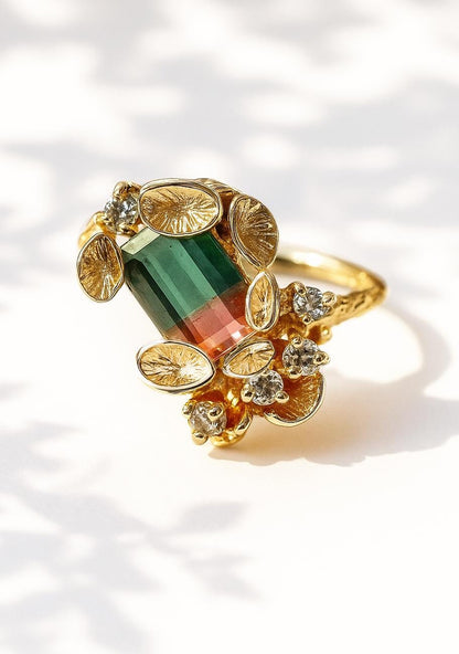 14K Solid Gold Bi-Color Tourmaline Mushroom Ring
