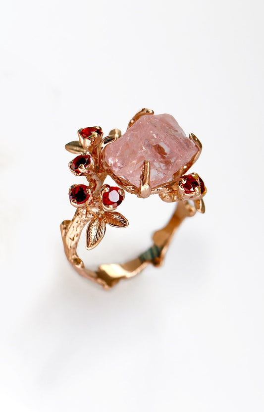 14-18K Solid Gold Raw Pink Morganite Engagement Ring