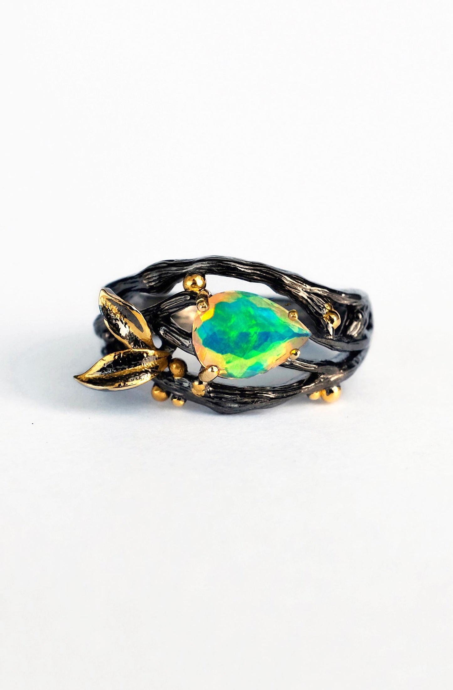 925 sterling silver rainbow opal branch pear ring