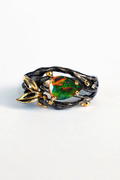 925 Sterling Silver Black Opal Branch Ring