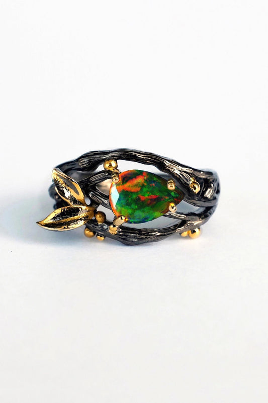 925 Sterling Silver Black Opal Branch Ring