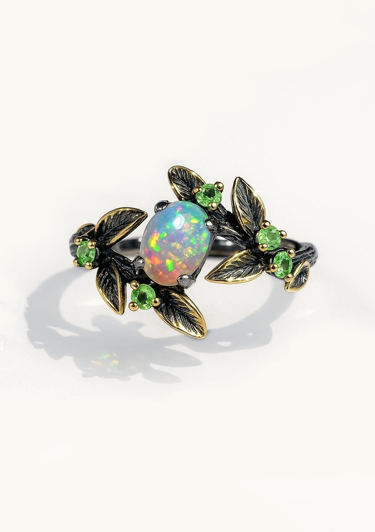 925 sterling silver rainbow opal leaf ring