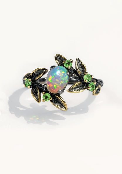 925 sterling silver rainbow opal leaf ring