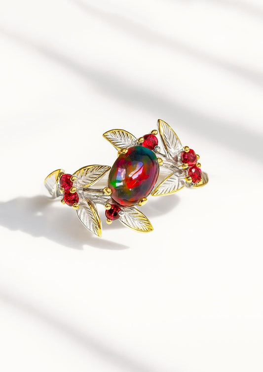 925 Sterling Silver Black Opal Branch Ring