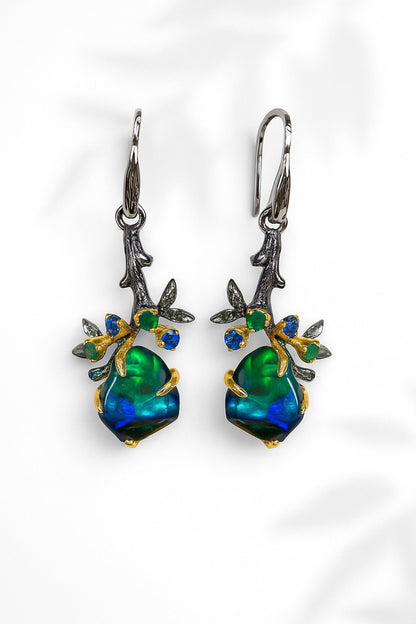 925 Sterling Silver Raw Black Opal Leaf Earrings
