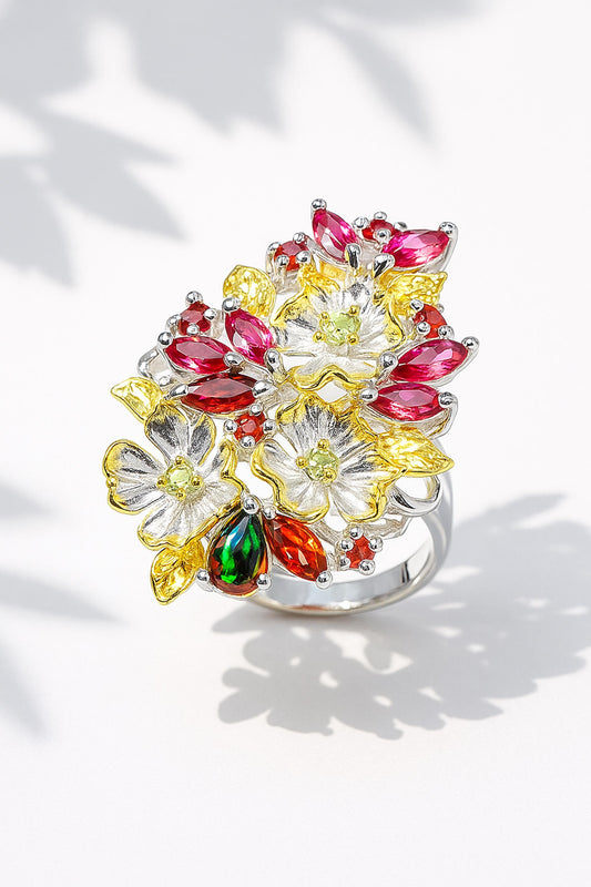925 Sterling Silver Garnet Rhodolite Flower Ring