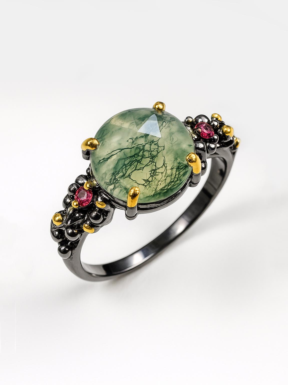 925 Sterling Silver Moss Agate Round Ring
