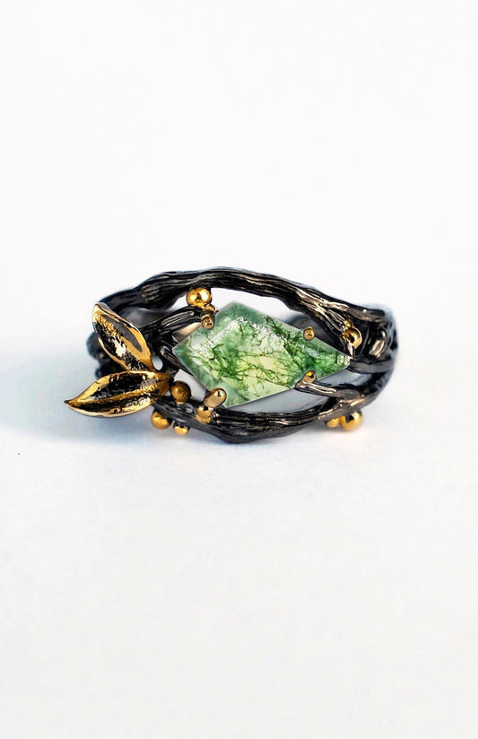 925 Sterling Silver Moss Agate Kite Ring Set