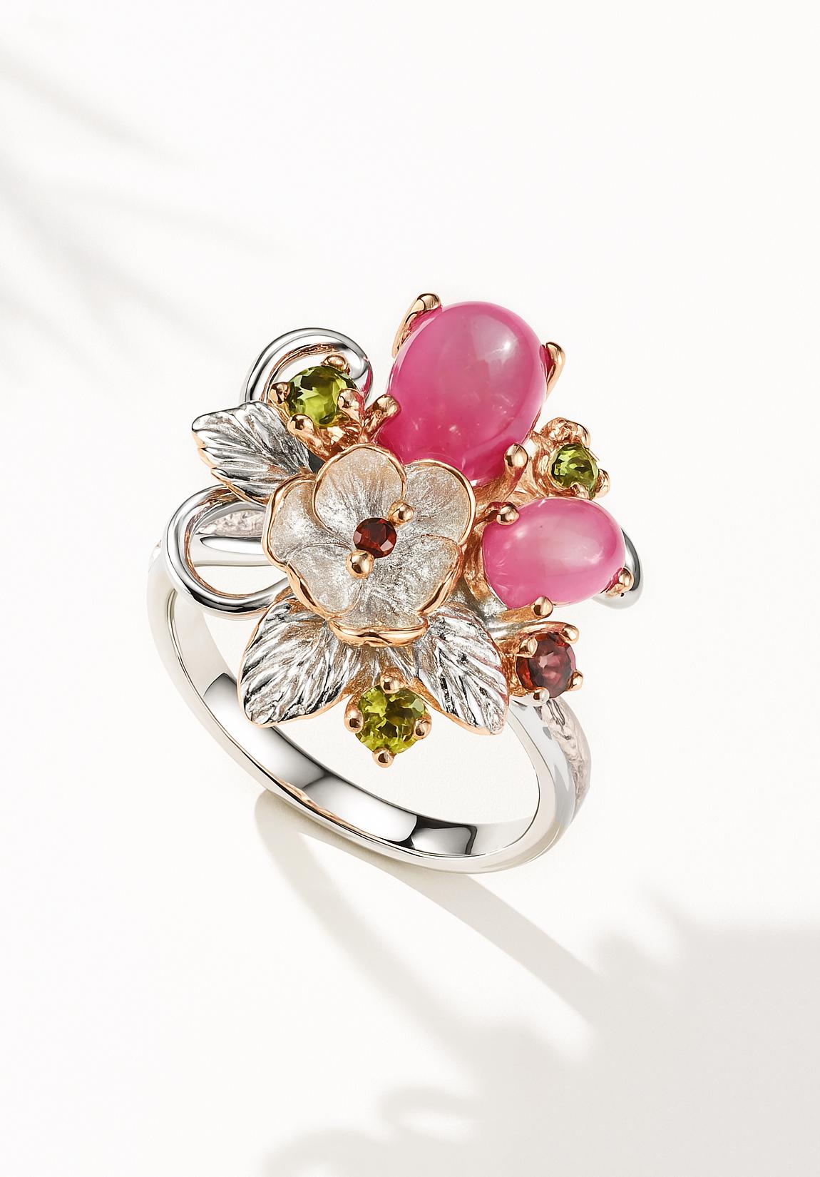 925 Sterling Silver Pink Ruby Flower Fantasy Ring