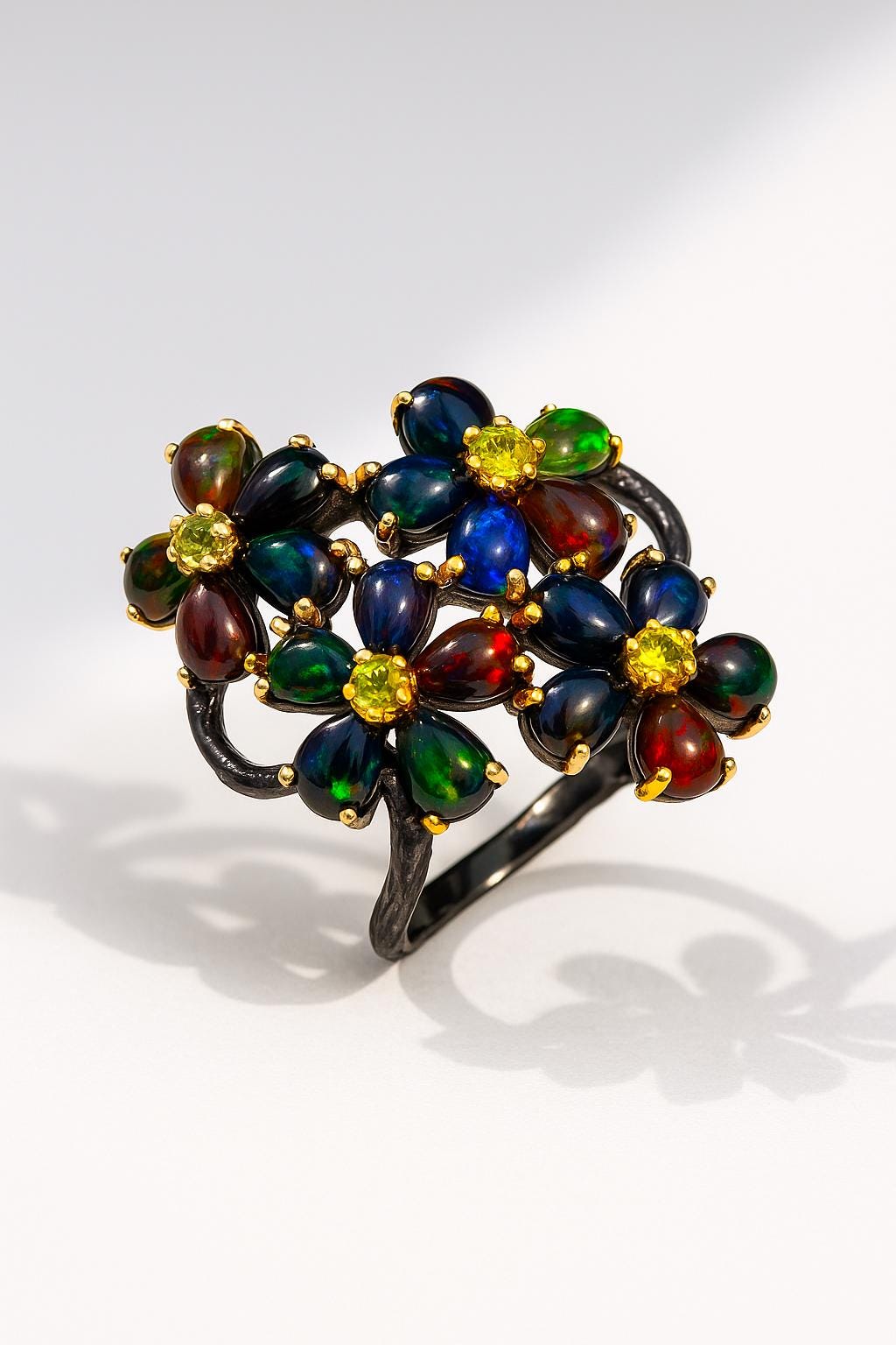 925 Sterling Silver Black Opal Floral Ring