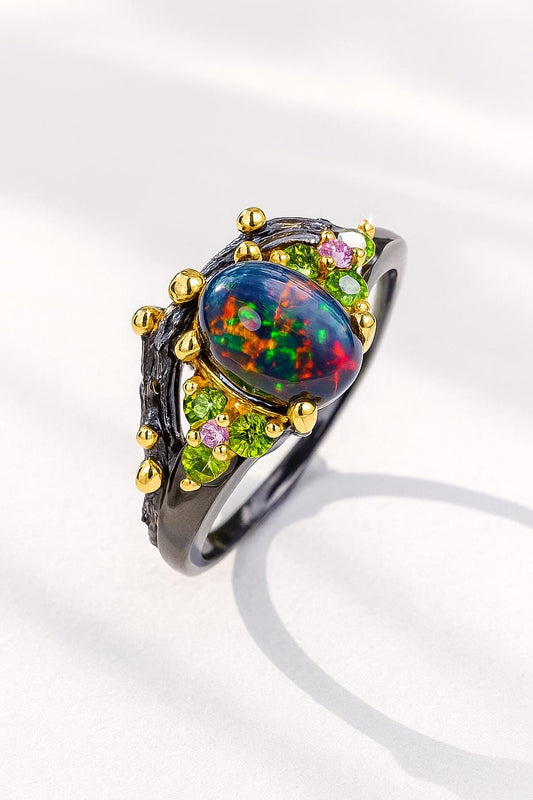 925 Sterling Silver Black Opal Branch Ring