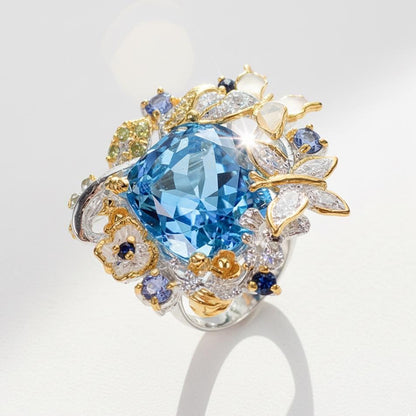 925 Sterling Silver Blue Topaz Flower Ring