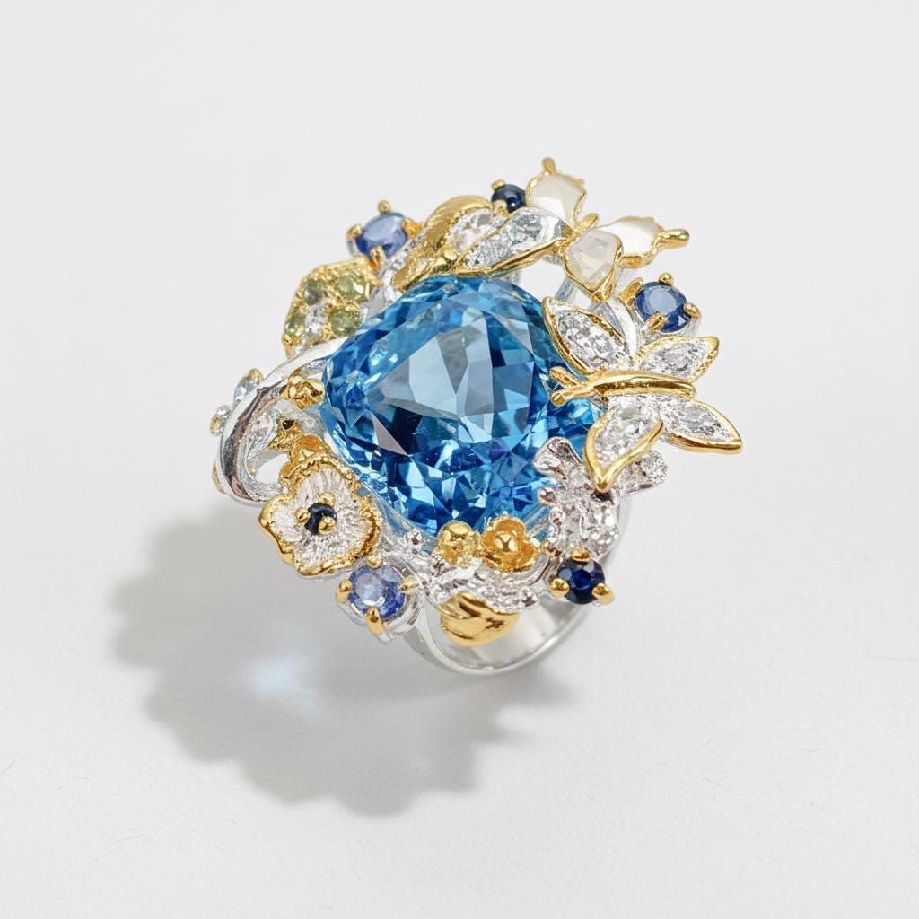 925 Sterling Silver Blue Topaz Flower Ring