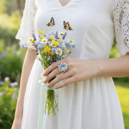 925 Sterling Silver Blue Topaz Flower Ring