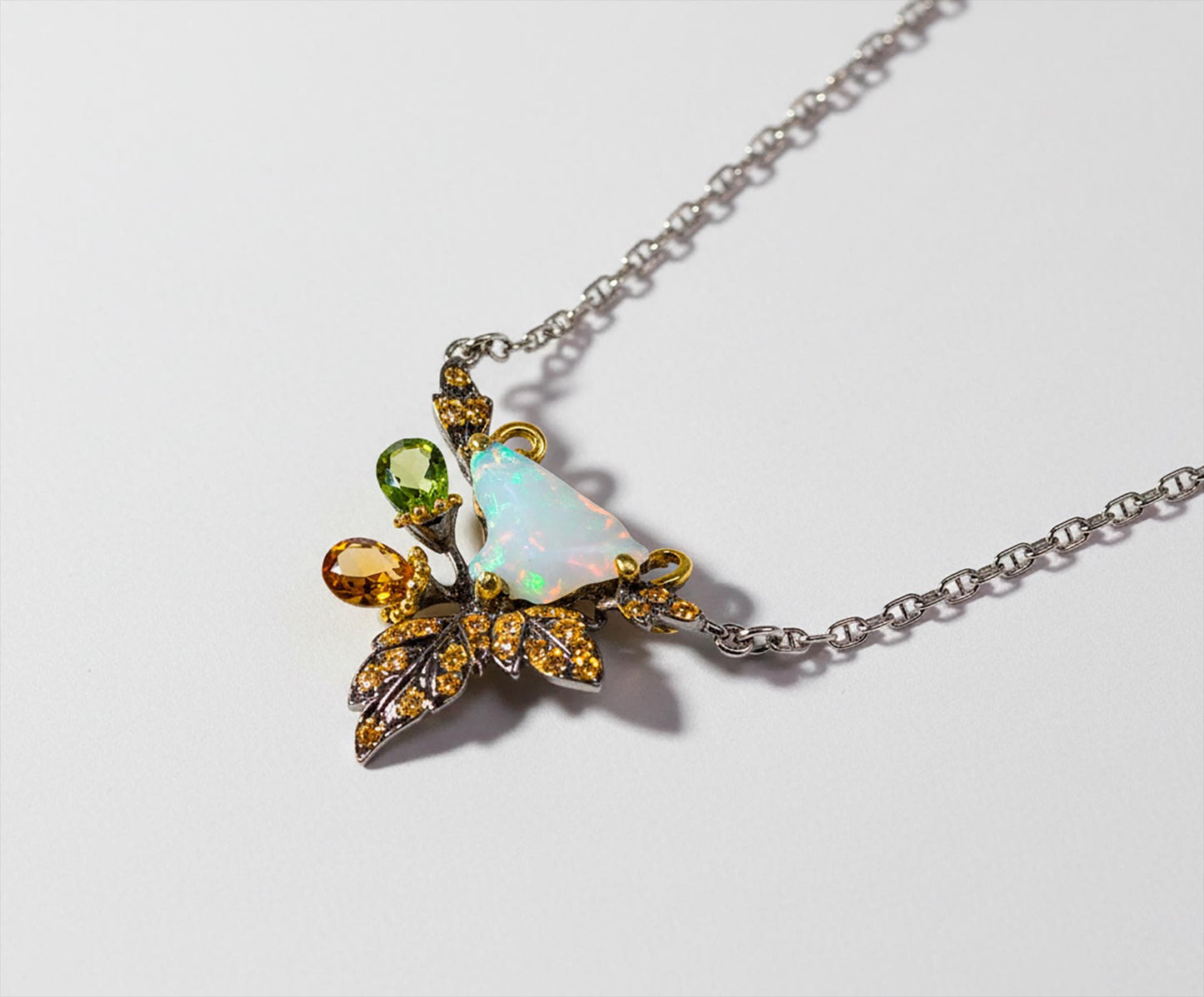 925 sterling silver rainbow opal leaf necklace