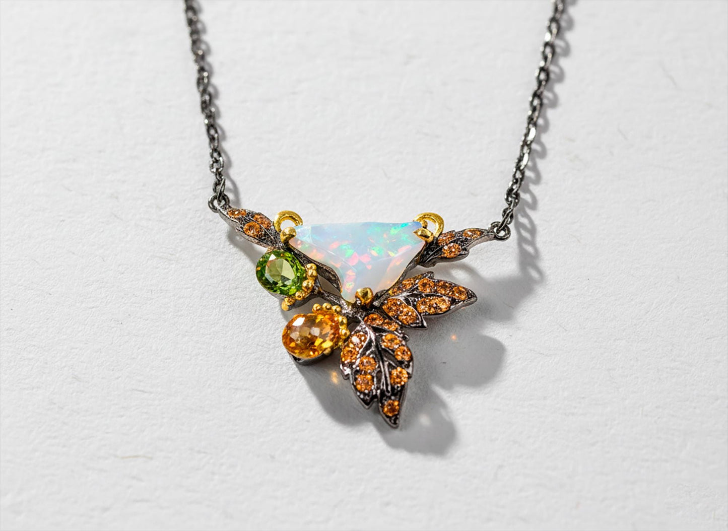 925 sterling silver rainbow opal leaf necklace
