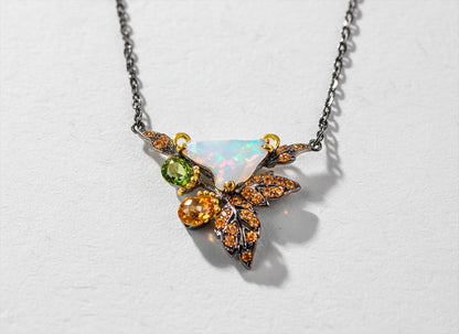 925 sterling silver rainbow opal leaf necklace