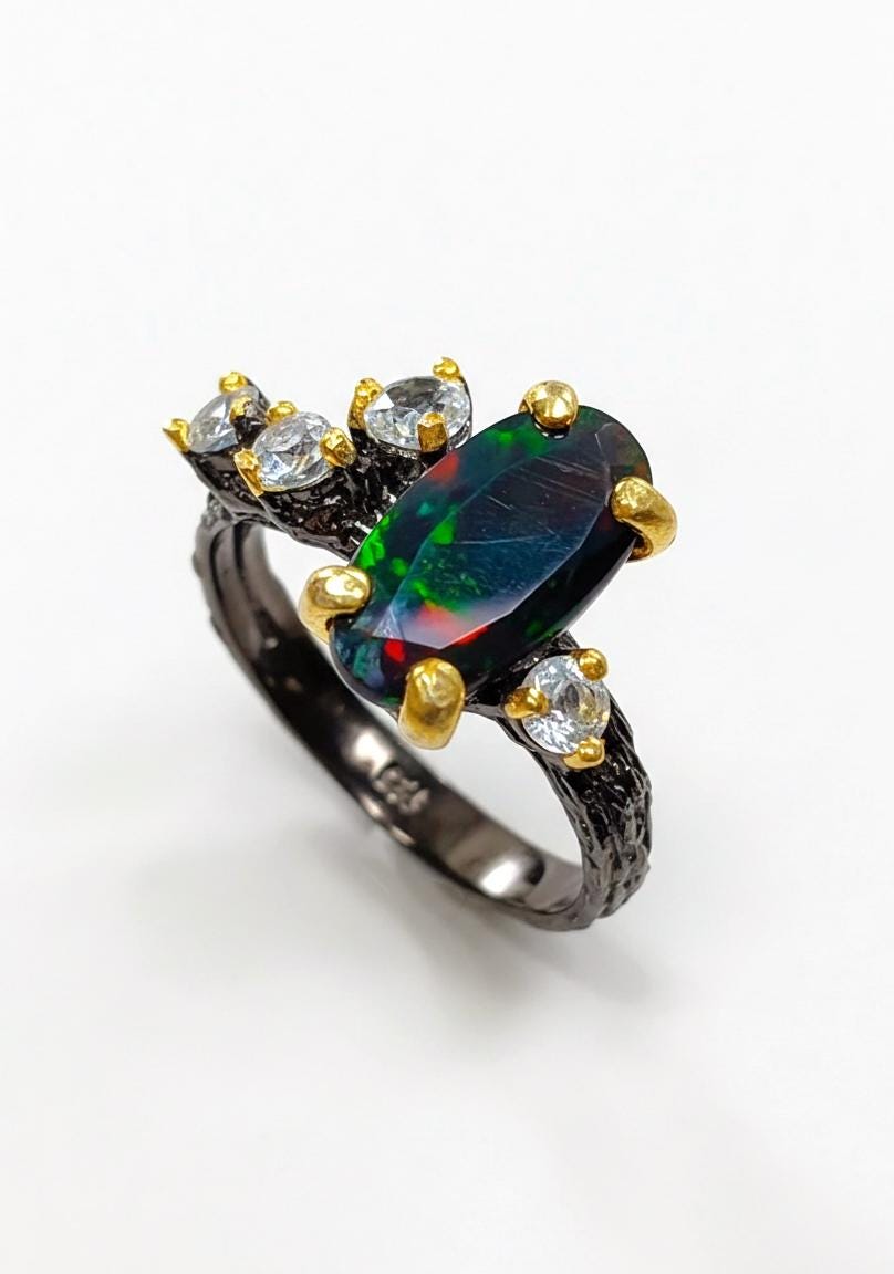 925 Sterling Silver Black Opal Cluster Ring