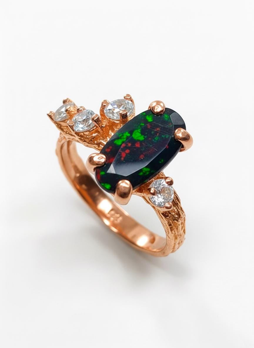 925 Sterling Silver Black Opal Cluster Ring