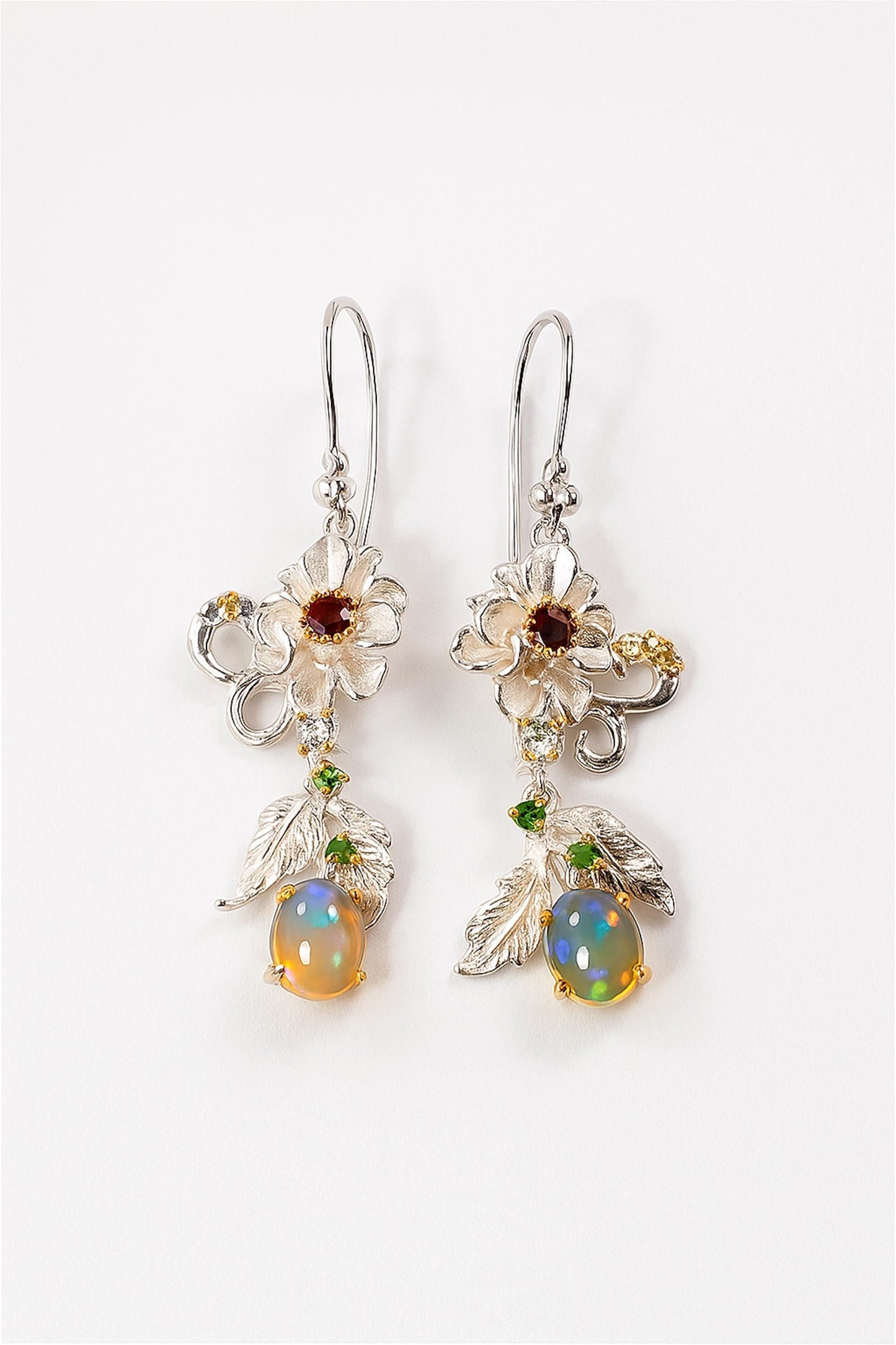 925 Sterling Silver Fire Opal Flower Dangle Earrings