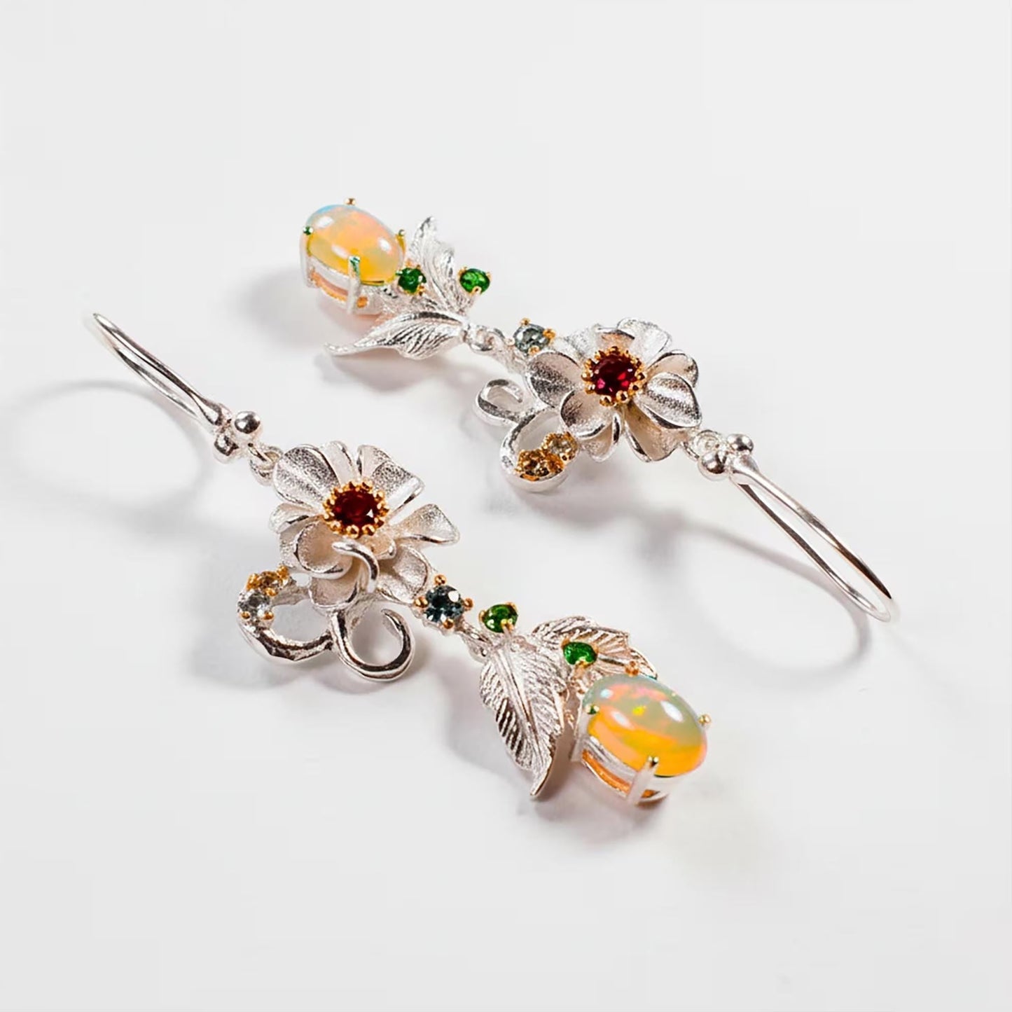 925 Sterling Silver Fire Opal Flower Dangle Earrings