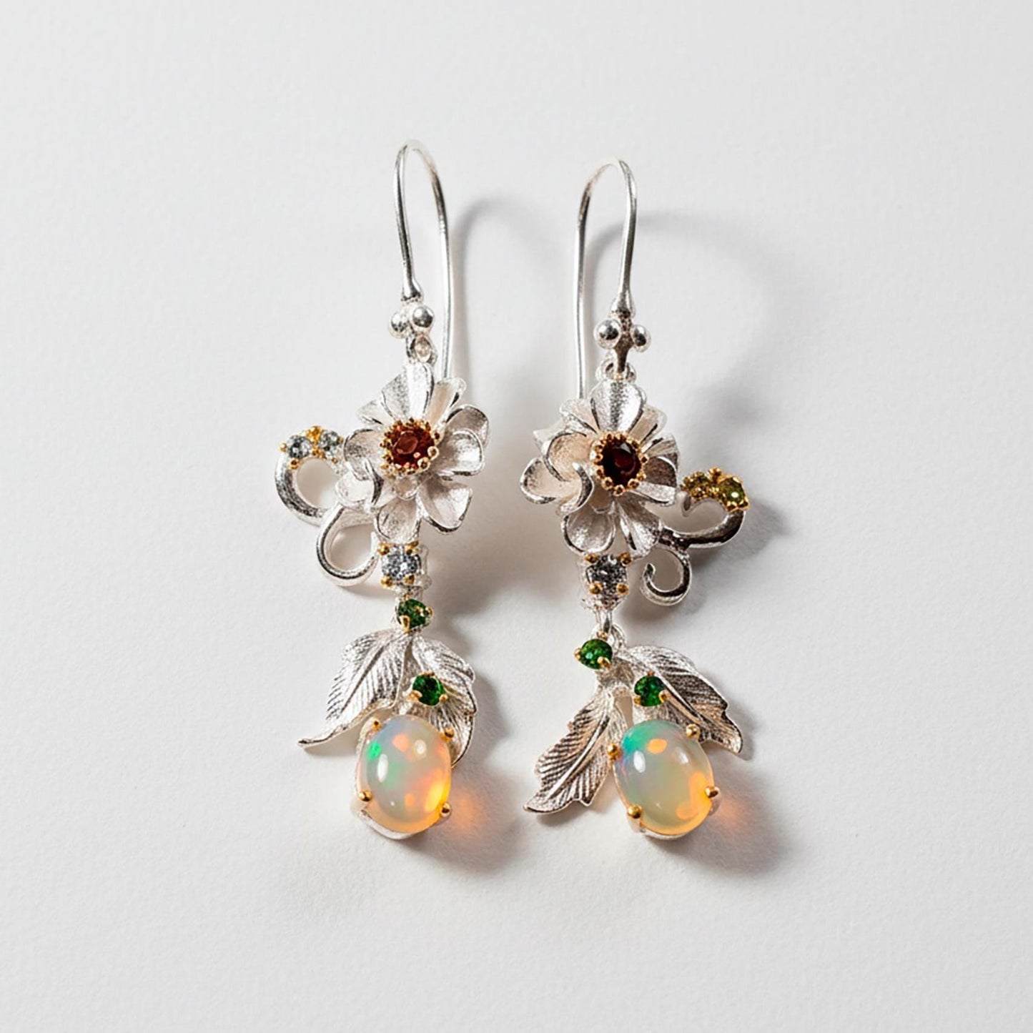 925 Sterling Silver Fire Opal Flower Dangle Earrings