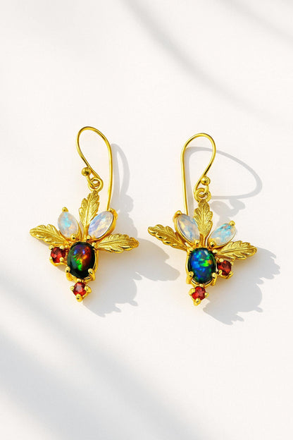 925 Sterling Silver Black Opal Botanical Earrings