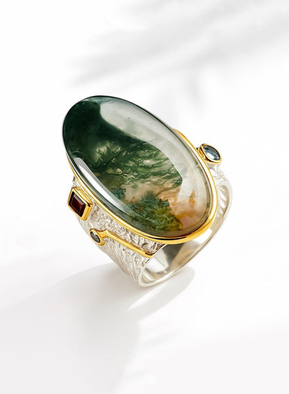 925 Sterling Silver Moss Agate Wide Band Ring
